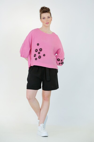 BİZE Keten Gül Motif Bluz - Pembe