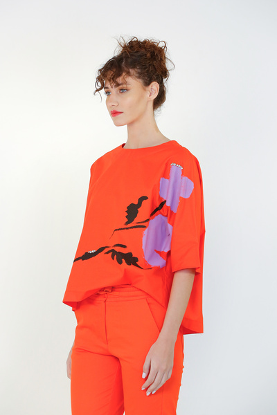 BİZE Çiçek Baskılı Taşlı Bluz - Kırmızı