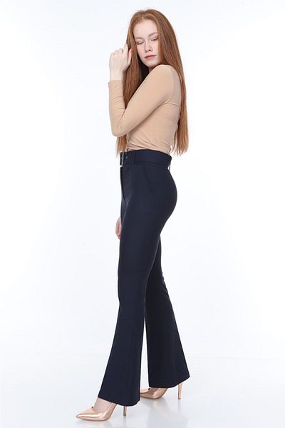 Bluence Waist Belted Flare Leg Navy Blue Fabric Trousers