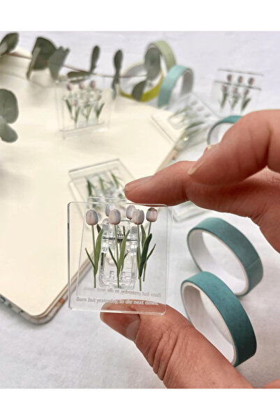 Kağıt Gemi Dükkan Şeffaf Beyaz Lale Desenli Çok Fonksiyonlu Fotoğraf Klipsi / Fotoğraf Mandalı / Ataş / Kitap Ayracı