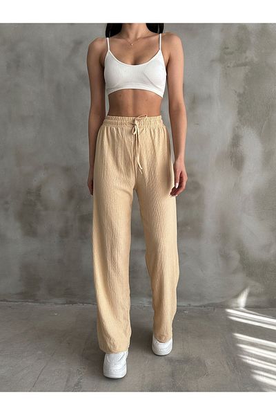BEJNA Women's Beige Elastic Waist Palazzo Pants