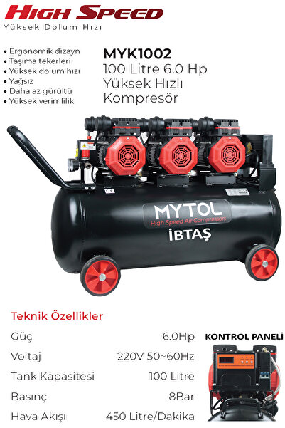 İBTAŞ MYTOL 100 LİTRE 6 HP Hava Kompöresörü 3 Kafa Yüksek Hızlı Kompresör (MY...