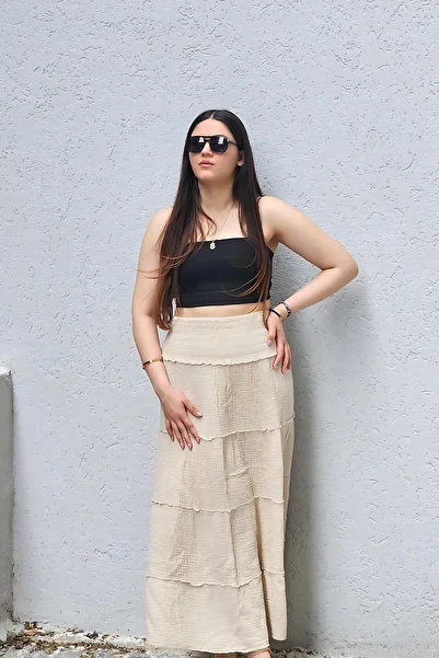 Bahtiyar İpek Muslin Fabric Cream Lycra Long Skirt