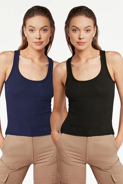 VODENS Navy Blue Black Women's Athlete - 2-Piece Ribbed Look, Thick Strap Basic