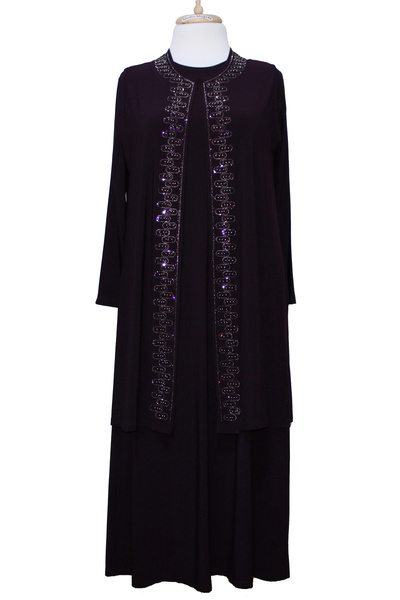 HESNA طقم فستان سهرة أنيق مطرز بالأحجار من الياقوت البرقوق