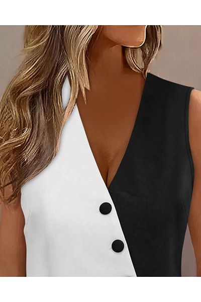 Modayakamoz Black and White Crepe Vest with Asymmetric Cut - Button Detailed Jacket