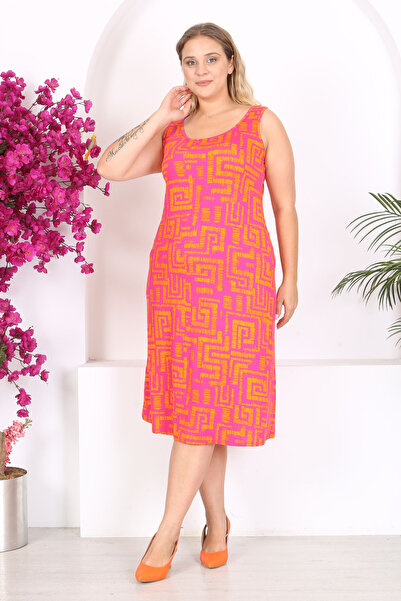 Madwilo Orange Pink Labyrinth Pattern - Plus Size Strappy Women's Dress