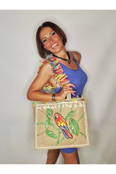 Senbeno Design EL BOYAMA PAPAĞAN DESENLİ ÖZGÜN TASARIM JÜT PLAJ ÇANTASI TOTE BAG
