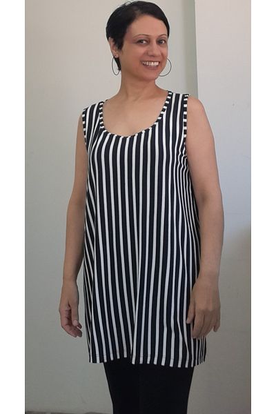 Mertcan Butik Viscose Combed - Black and White Striped Thick Strap T-Shirt