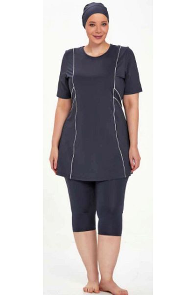 MARESİVA Anthracite Short Sleeve Below Knee Leggings Large Size Women's Pool Swimsuit