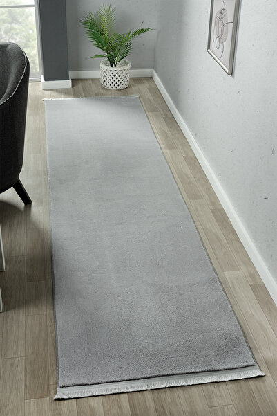 LİNOS HOME Puffy Açık Gri Düz Saçaklı Peluş Yolluk Yumuşacık Yıkanabilir Kaym...