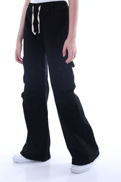 Asortix Girl - Oversize 100% Cotton Jeans, Cargo Pocket and Elastic Waist Pants