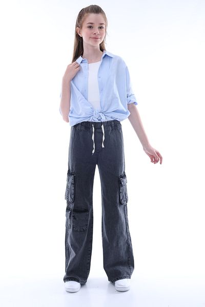 Asortix Girl - Oversize Cotton Jeans with Cargo Pocket and Elastic Waist