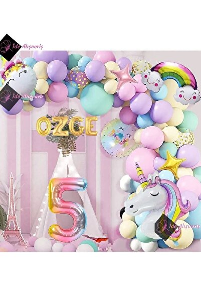 Store Modalist 4 Harfli 5 Yaş Gökkuşağı Konsepti Unicorn Temalı Makaron Balon...