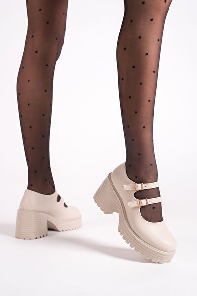 Entella Store Women's High Heeled Beige Skin Oxford Shoes