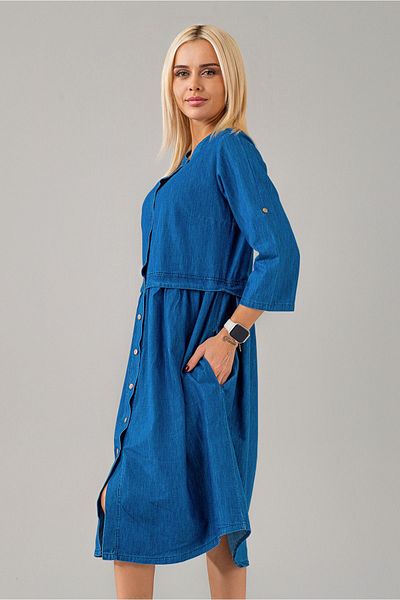 Bold & Young Rochie cămașă subțire din denim, cu mâneci largi, cu talie indigo, cu buzunar Brit