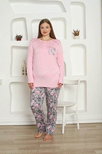 KAPİTEX Pink Floral Printed - Large Size Pajama Set with Button Collar