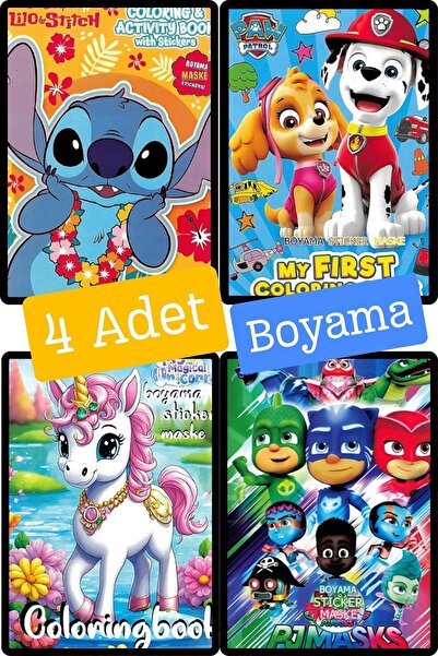 Woody Sofia 4'lü set PawPatrol Unicorn Pijamaskeliler Lilo boyama kitabı seti(boyama, sticker, arka kapak maske)