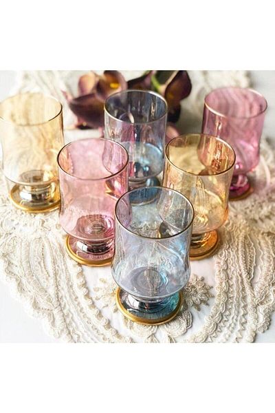 GÜRALLAR Lav Hand Decorated 6-Piece Glass Magnolia Cup Cup, 6-Piece Dessert Cup