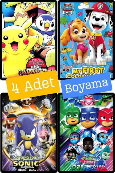 Woody Sofia 4'lü  Paw Patrol Pokemon Sonic pijamaskeliler boyama kitabı seti(boyama, sticker, arka kapak maske)