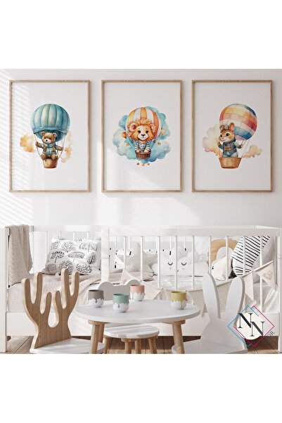 Balloon Themed Set of 3 - Lion, Bear, Squirrel - Natural Wooden Frame, Baby & Kids Room Table Set