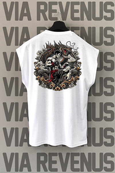 Vordevia Tricou sport alb Muay Thai - imprimat pe spate, mâneci zero