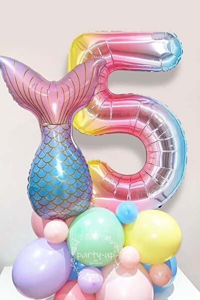 Store Modalist 5 Yaş Rakam Balonlu Deniz Kızı Kuyruğu Karşılama Seti Gökkuşağ...