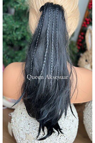 Queen Nelly Yoğun gür düz uzun örgülü postiş takma saç peruk sentetik toka siyah