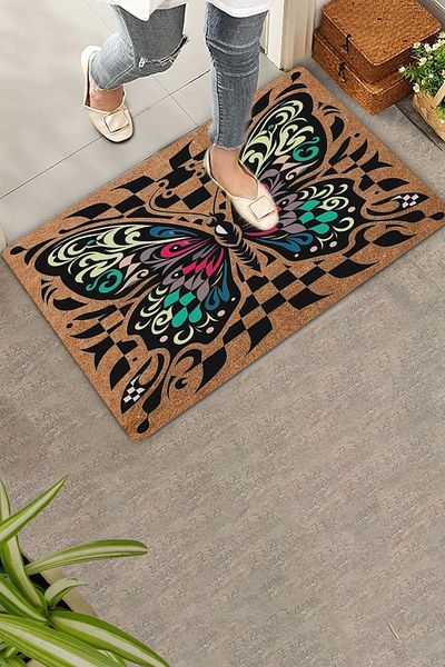Valerine Life Butterfly Patterned Checkered Welcome Doormat - 45x70cm