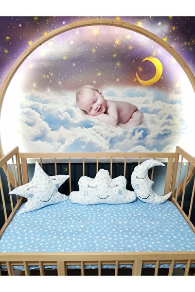 Baby Clime Mavi 3'lü Uyku Arkadaşı - Ay Bulut Yıldız Süs Yastık Seti - Çift Taraflı Dekoratif Yastık