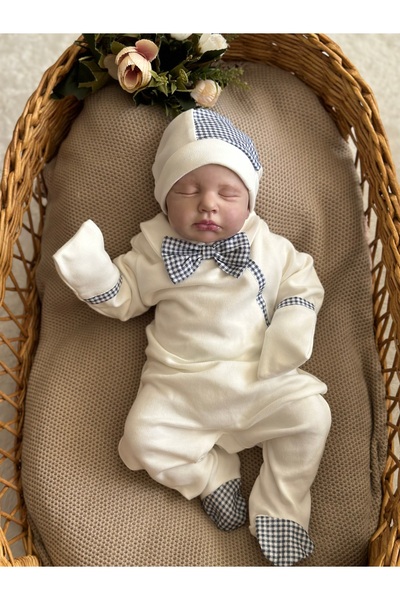 Mama Miel Baby Papyonlu Lacivert Pötikare Kumaş Detaylı Yenidoğan Tulum ve Şa...