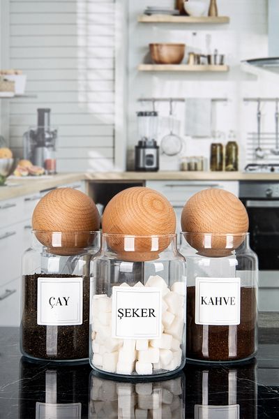 Lizzy 1000 ML Cap - 3-Piece Wooden TOP Lid Tea, Sugar and Coffee Salt Jar Glass