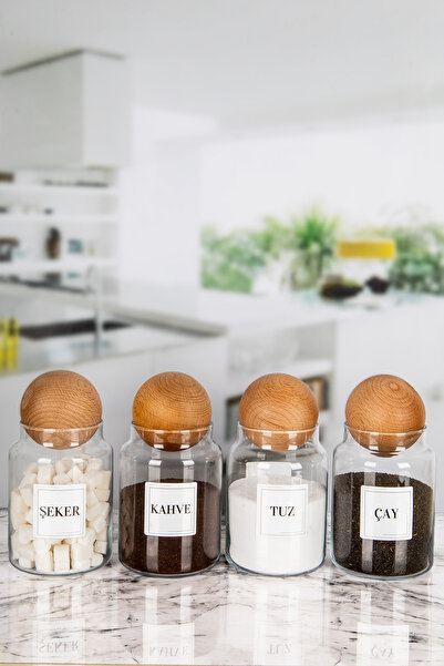 Lizzy 4'lü Ahşap Top Kapaklı Çay Şeker Kahve Tuz Kavanozu Cam 1000 ML