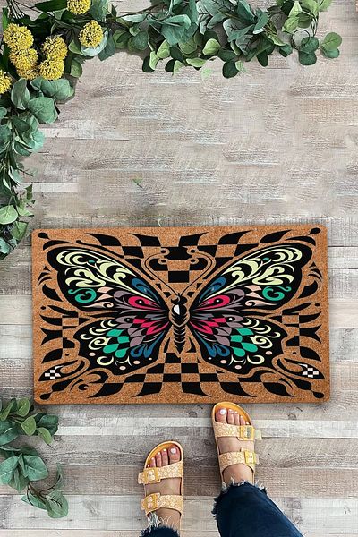 Valerine Life Butterfly Patterned Checkered Welcome Doormat - 45x70cm
