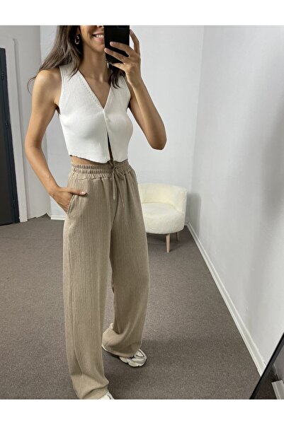Myrum butik Bej Beli Lastikli Pantolon