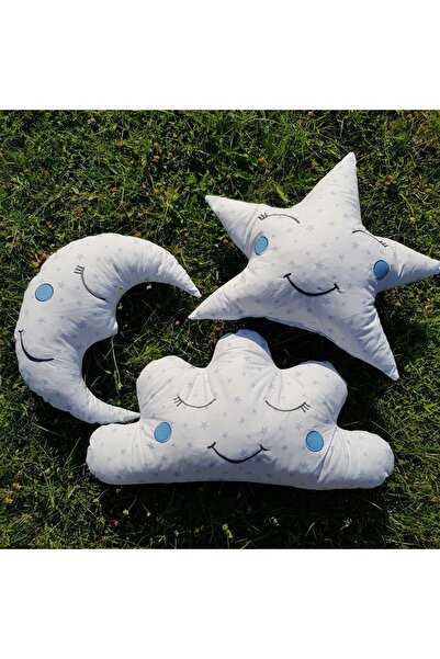 Baby Clime Mavi 3'lü Uyku Arkadaşı - Ay Bulut Yıldız Süs Yastık Seti - Çift Taraflı Dekoratif Yastık
