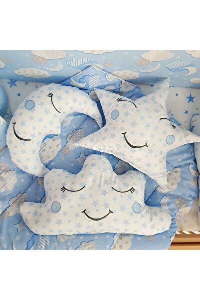 Baby Clime Mavi 3'lü Uyku Arkadaşı - Ay Bulut Yıldız Süs Yastık Seti - Çift Taraflı Dekoratif Yastık