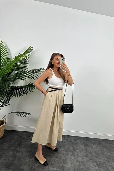 db didem butik Casual Maxi Skirt with Aerobin Fabric and Pocket Detail, Thick Rubber Waist