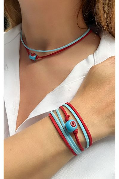 Kutcha Accessories Bodrum Bead - Suede and Evil Eye Necklace Bracelet Set