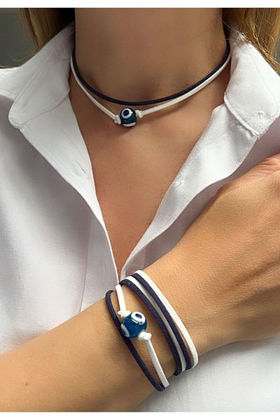 Kutcha Accessories Bodrum Bead - Suede and Evil Eye Necklace Bracelet Set