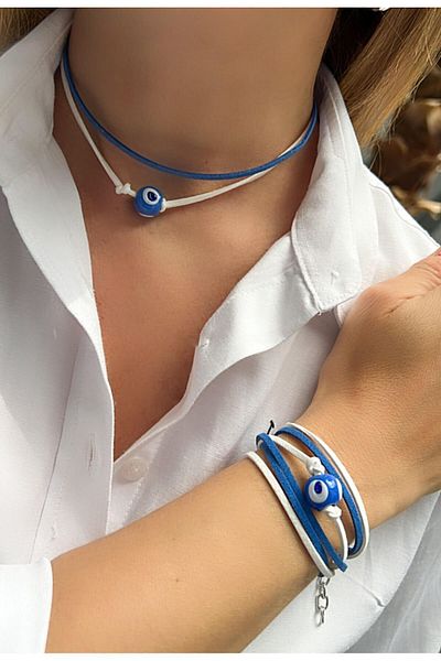 Kutcha Accessories Bodrum Bead - Suede and Evil Eye Necklace Bracelet Set
