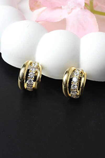 BY BARUN SİLVER Halka Küpe Silver Zirkon Taşlı 925 Ayar Yuvarlak Sarı Gold Renk Gümüş Küpe