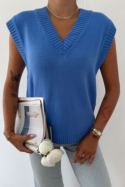 FURKAN EXCLUSIVE Saks Blue Women's Sweater - V-Neck