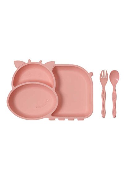 NinoVivo Inek Figürlü 3 Bölmeli Bebek Tabak Çatal Kaşık Seti Pembe