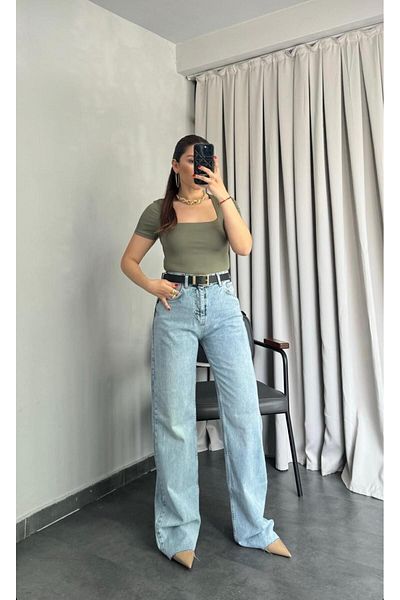 Cistern İstanbul Green Square Neck Women's Blouse - Short Sleeve