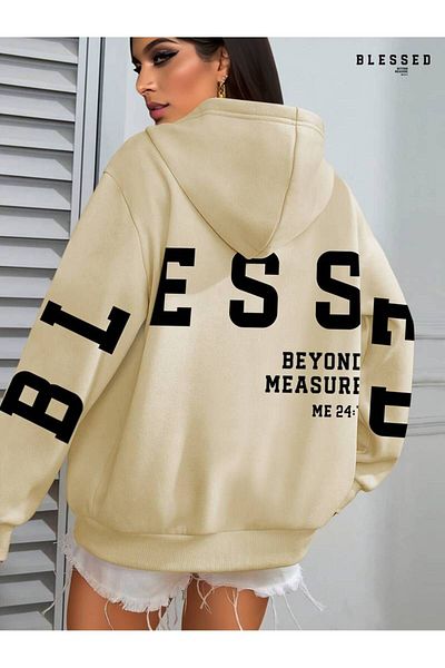 AMMA Unisex Oversize φούτερ με κουκούλα - Blessed Printed, 3 Thread Winter Hoodie