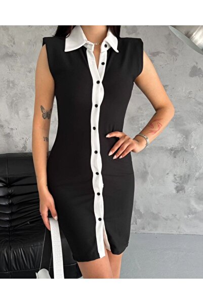 Cistern İstanbul Μαύρο πουκάμισο φόρεμα - με επένδυση και λεπτομέρεια με ρίγες