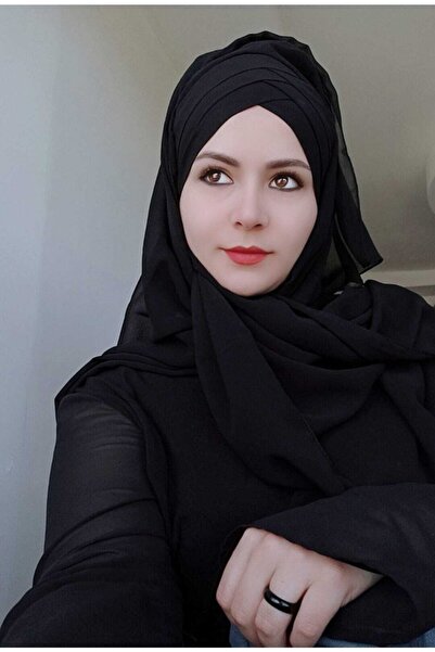 BAV Butik Ayvitrin شال حجاب نسائي ثلاثي الخطوط جاهز حديث باللون الأسود