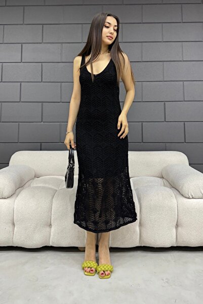 Cistern İstanbul Лятна рокля от трико с ажурен десен и черна подплата за жени...