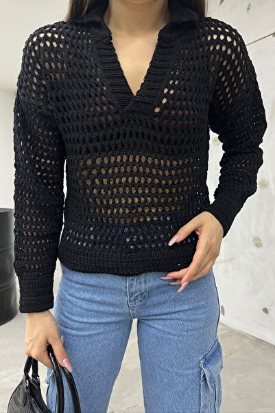 Cistern İstanbul Ženska crna polo bluza sa ovratnikom Sa ajurom